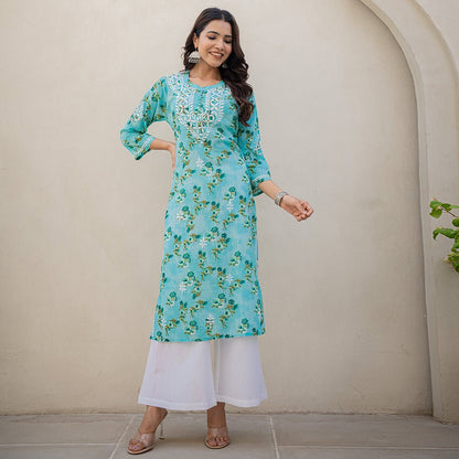 Aqua Blue Printed Hand - Chikankari Cotton Kurta - Cottonsdaily