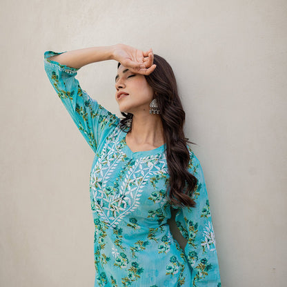 Aqua Blue Printed Hand - Chikankari Cotton Kurta - Cottonsdaily