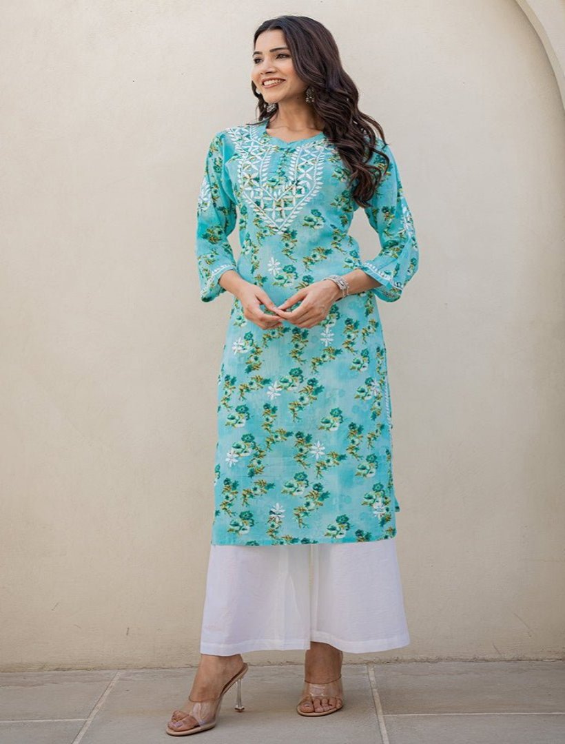 Aqua Blue Printed Hand - Chikankari Cotton Kurta - Cottonsdaily