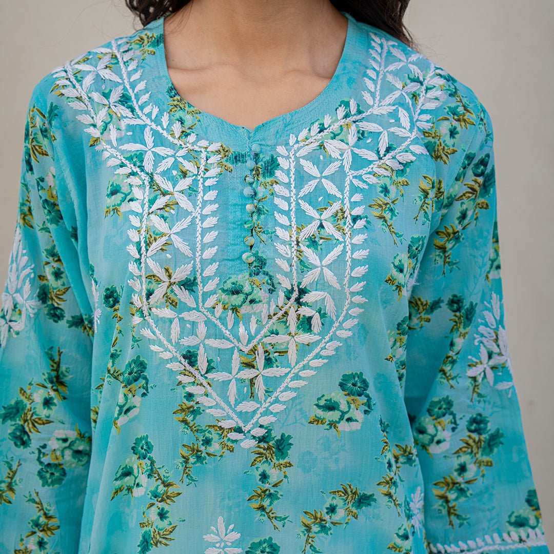 Aqua Blue Printed Hand - Chikankari Cotton Kurta - Cottonsdaily