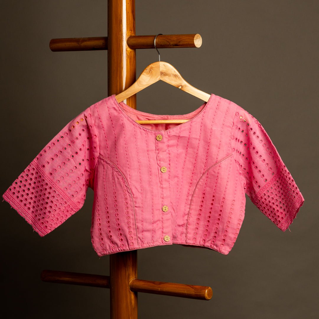 Baby Pink Hakoba Round Neck Readymade Cotton Blouse - Cottonsdaily