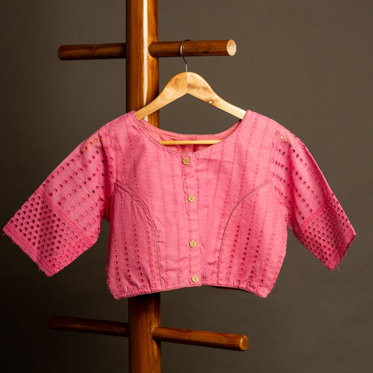 Baby Pink Hakoba Round Neck Readymade Cotton Blouse - Cottonsdaily