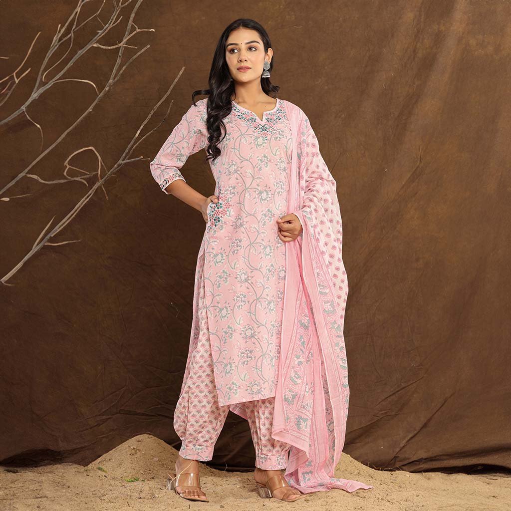 Baby Pink Lotus Printed Afghani Cotton Suit - Cottonsdaily