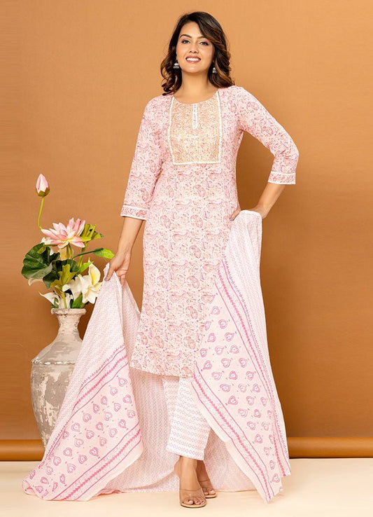 Baby Pink with Paisley Print Cotton Suit - Cottonsdaily