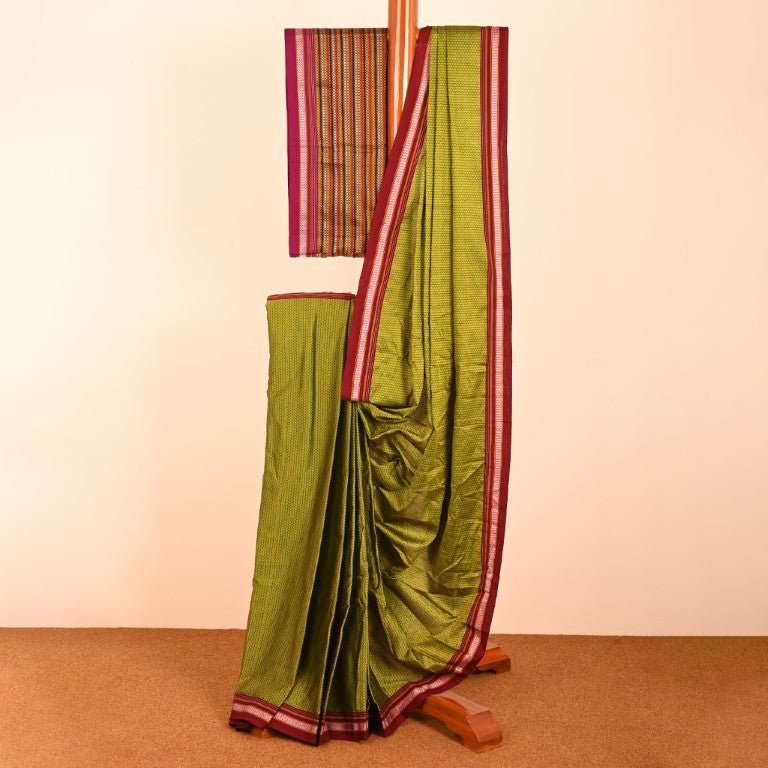 Bela Parrot Green Cotton Khun Saree - Cottonsdaily