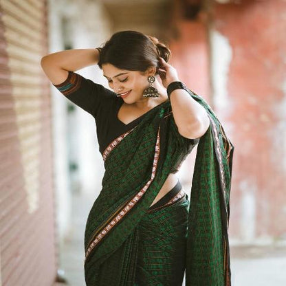 Bhaumi Green Hathi mor Khun Saree - Cottonsdaily