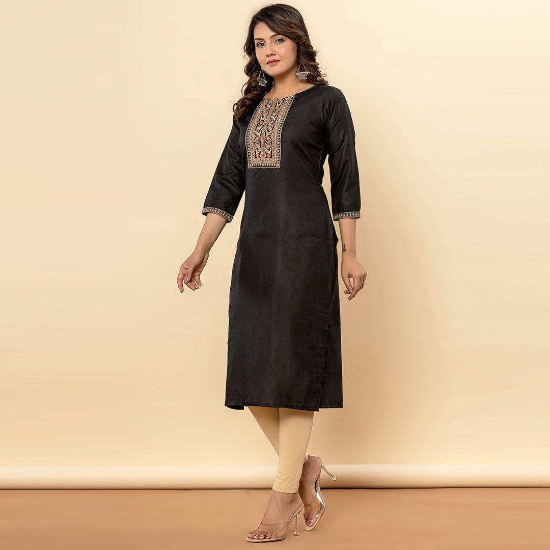 Black Embroidered Solid Straight Cotton Kurta - Cottonsdaily