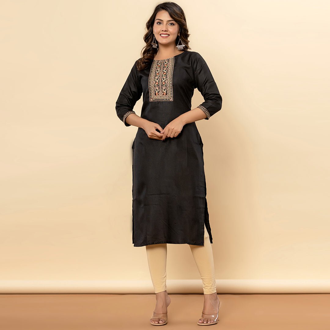 Black Embroidered Solid Straight Cotton Kurta - Cottonsdaily