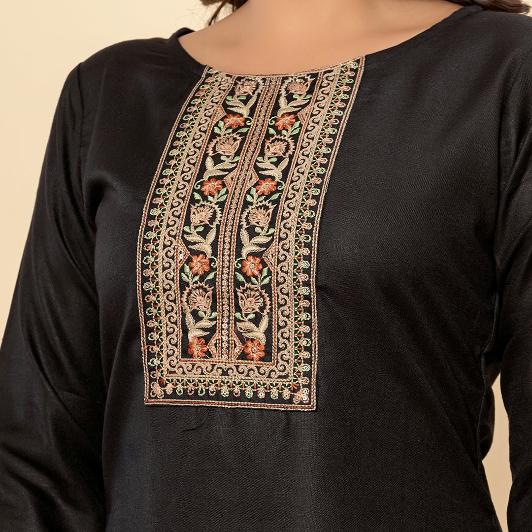 Black Embroidered Solid Straight Cotton Kurta - Cottonsdaily