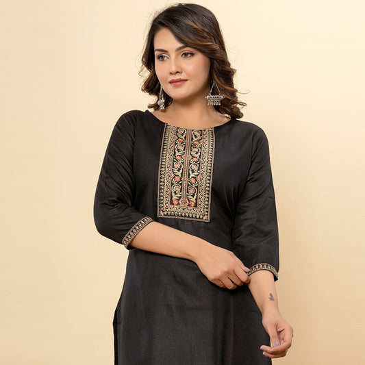 Black Embroidered Solid Straight Cotton Kurta - Cottonsdaily