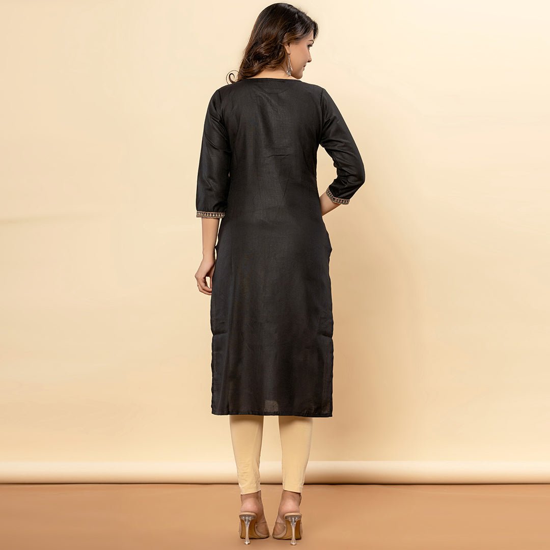 Black Embroidered Solid Straight Cotton Kurta - Cottonsdaily