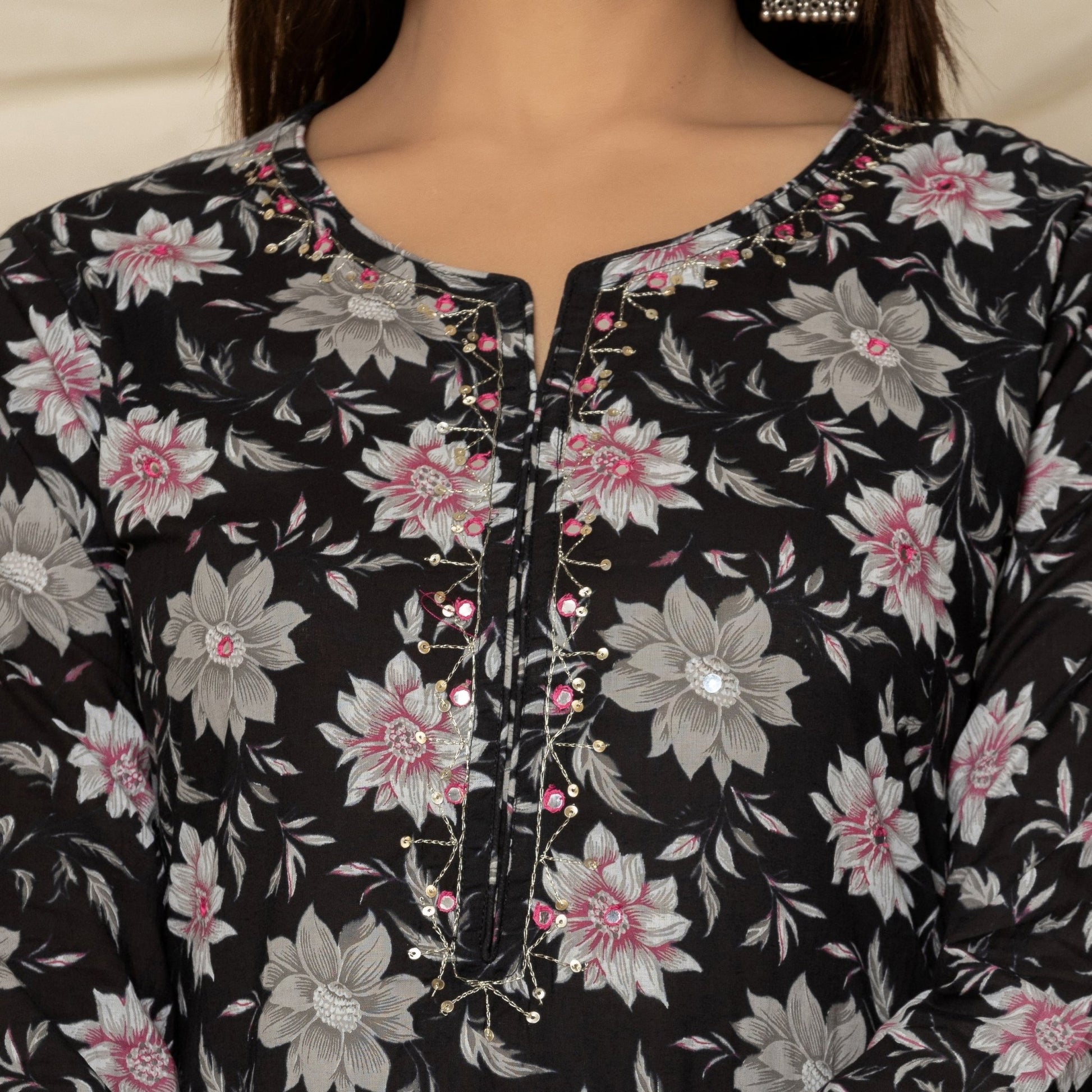 Black Poppy Flower Printed Cotton Suit - Cottonsdaily