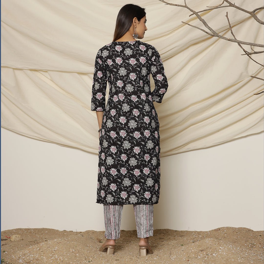 Black Poppy Flower Printed Cotton Suit - Cottonsdaily