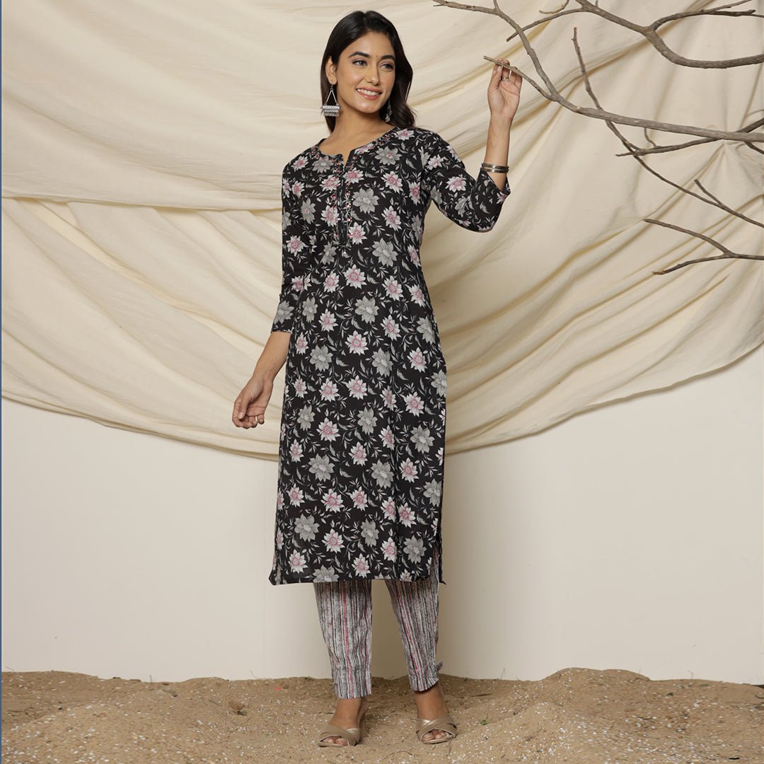 Black Poppy Flower Printed Cotton Suit - Cottonsdaily