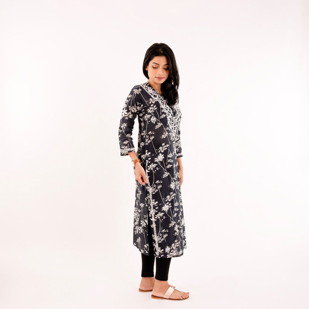 Black Printed Hand - Chikankari Cotton Kurta - Cottonsdaily