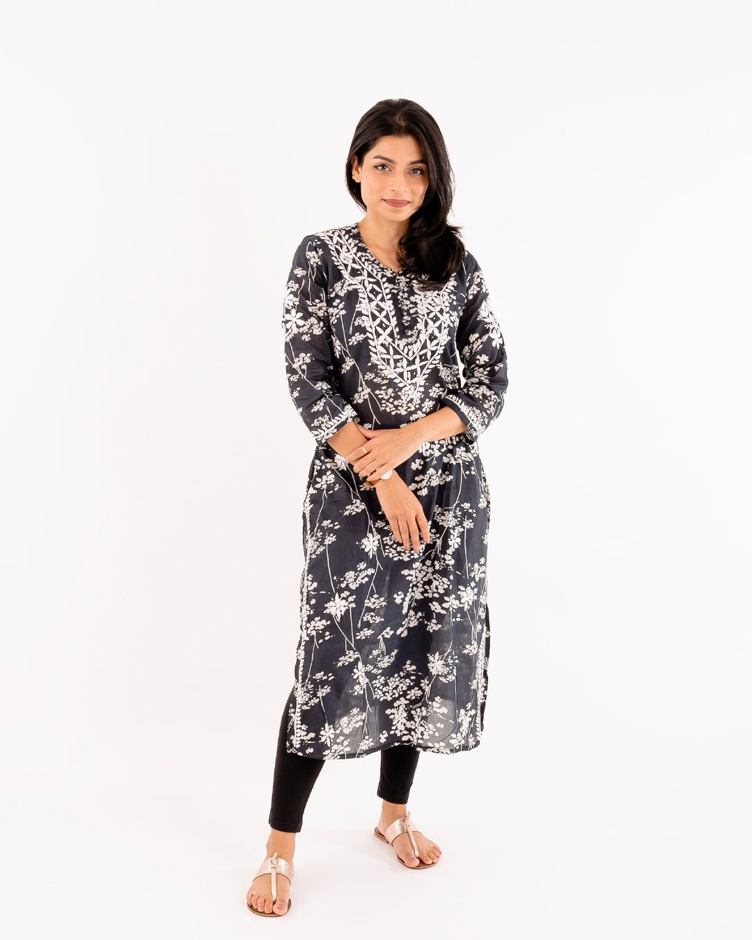 Black Printed Hand - Chikankari Cotton Kurta - Cottonsdaily