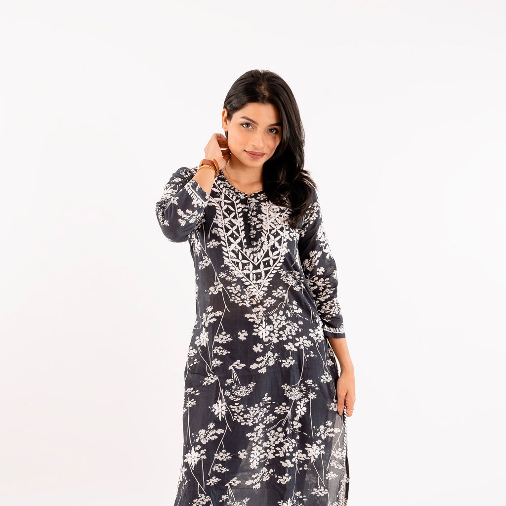 Black Printed Hand - Chikankari Cotton Kurta - Cottonsdaily