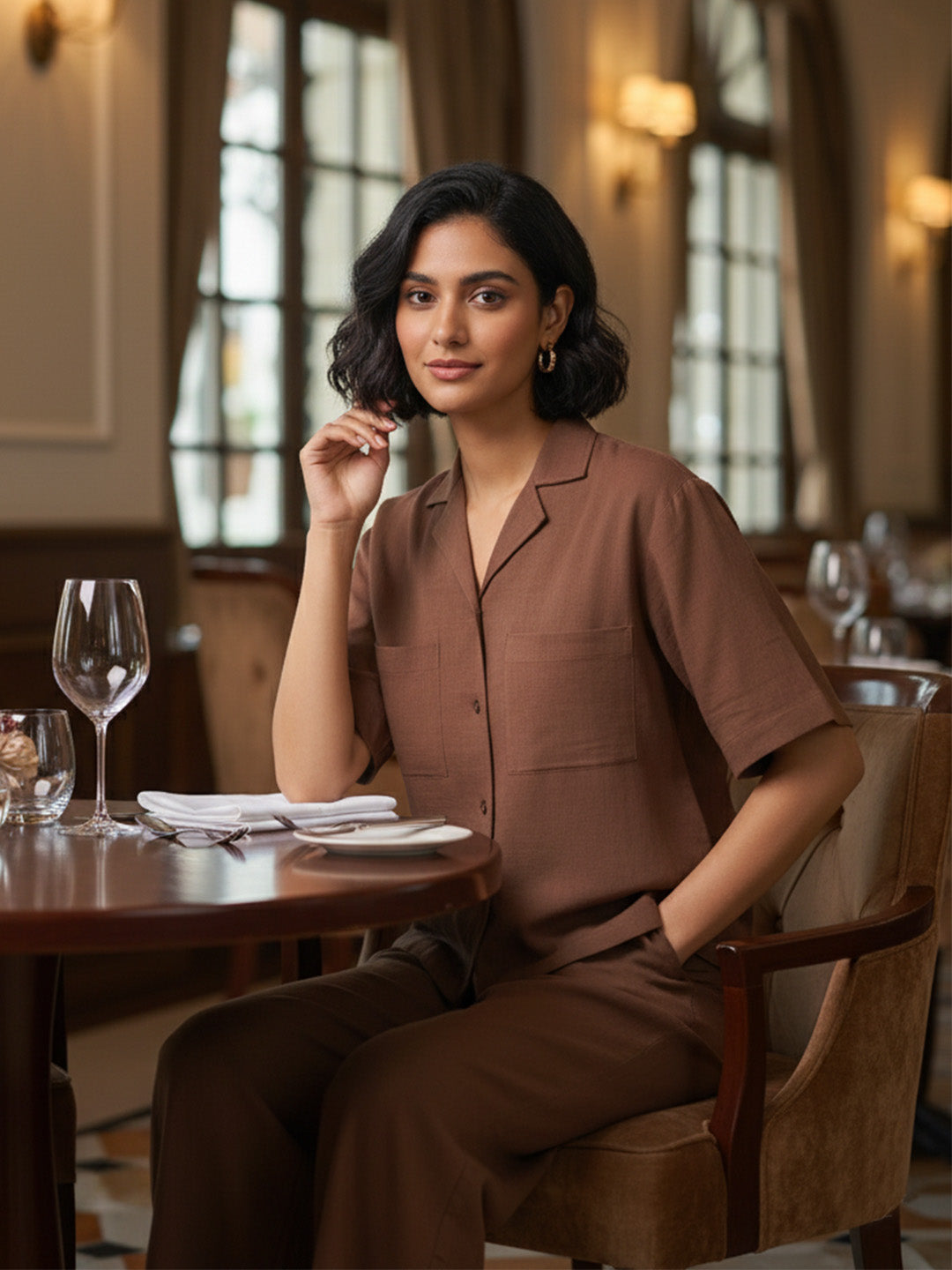 Brown Solid Cotton Co-ord Set