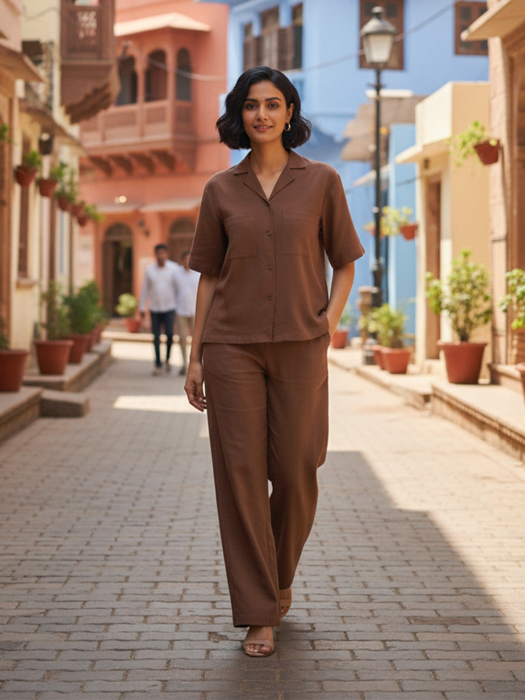 Brown Solid Cotton Co-ord Set