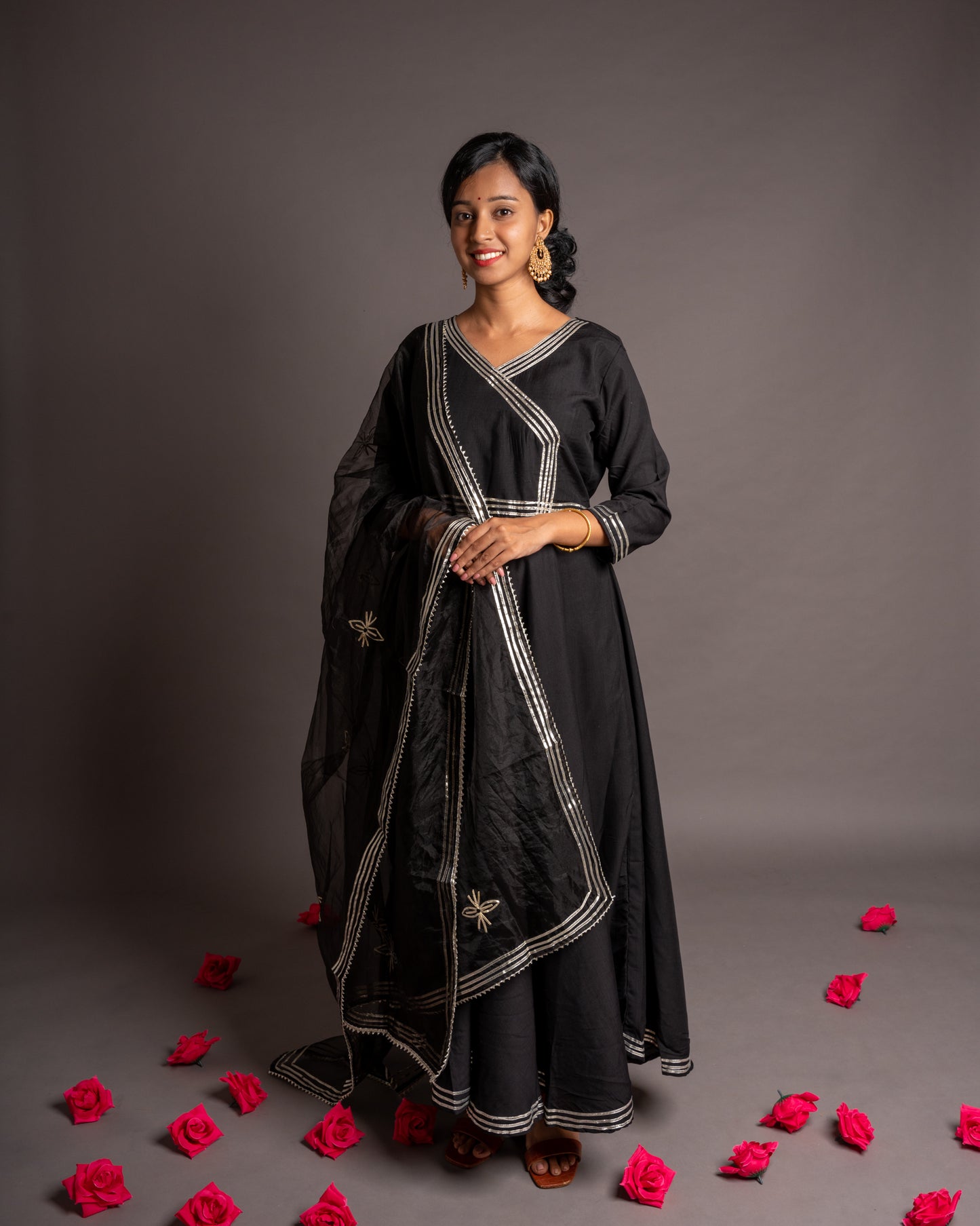 Elegant Black Gotta Patti Angrakha  Muslin Cotton Festive Suit