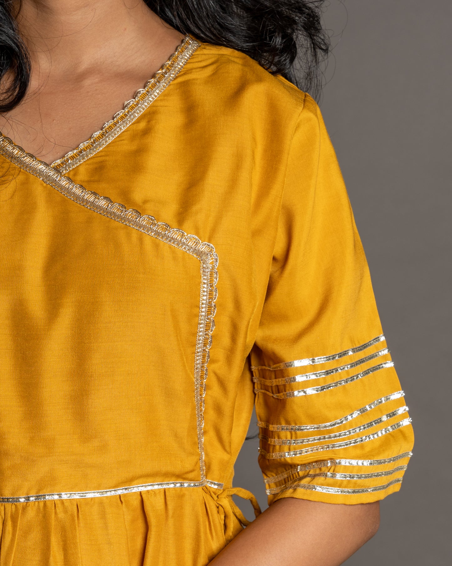Mustard Yellow Gotta Patti Angrakha Muslin Cotton Festive Suit