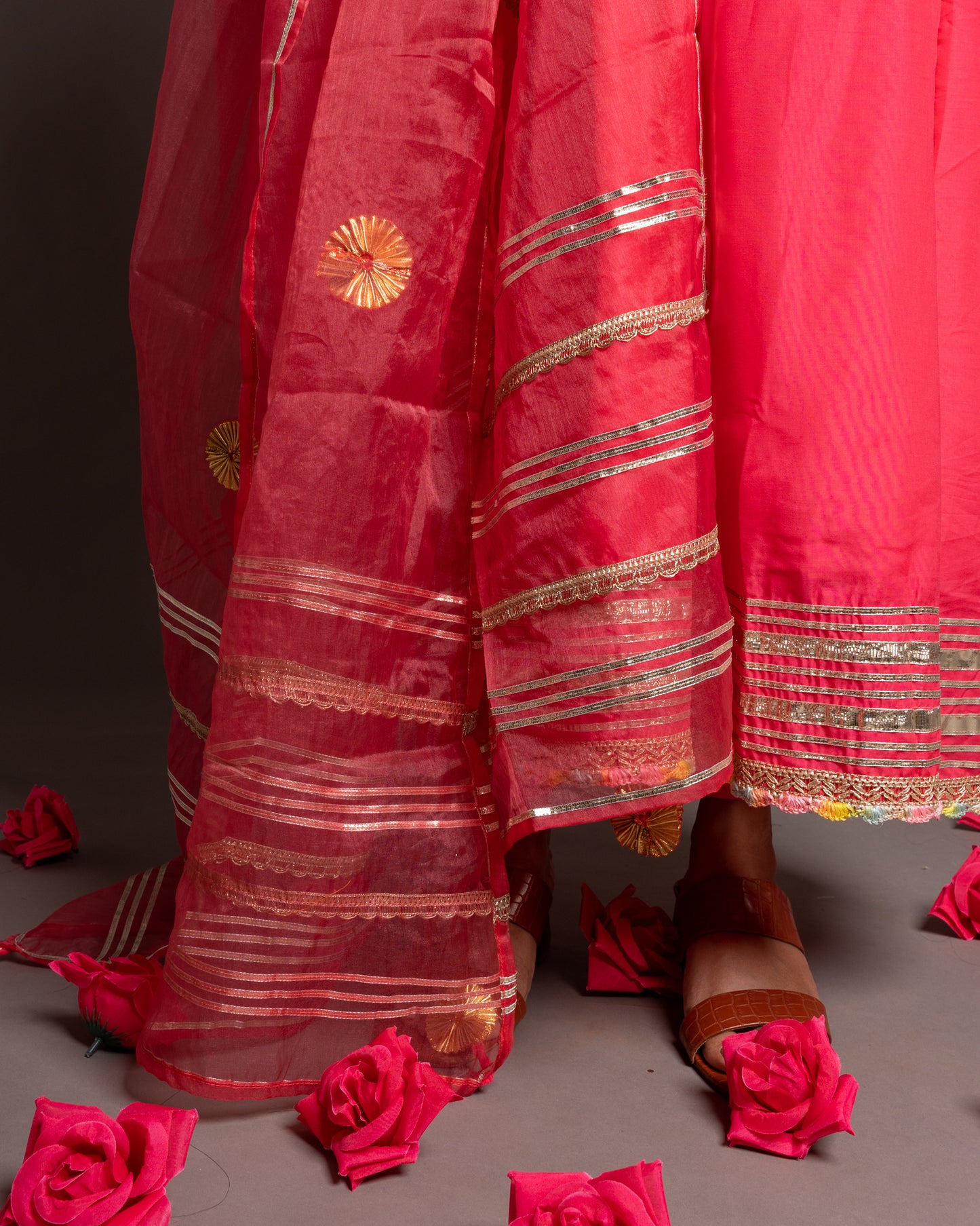 Rose Pink Gotta Patti Angrakha  Muslin Cotton Festive Suit