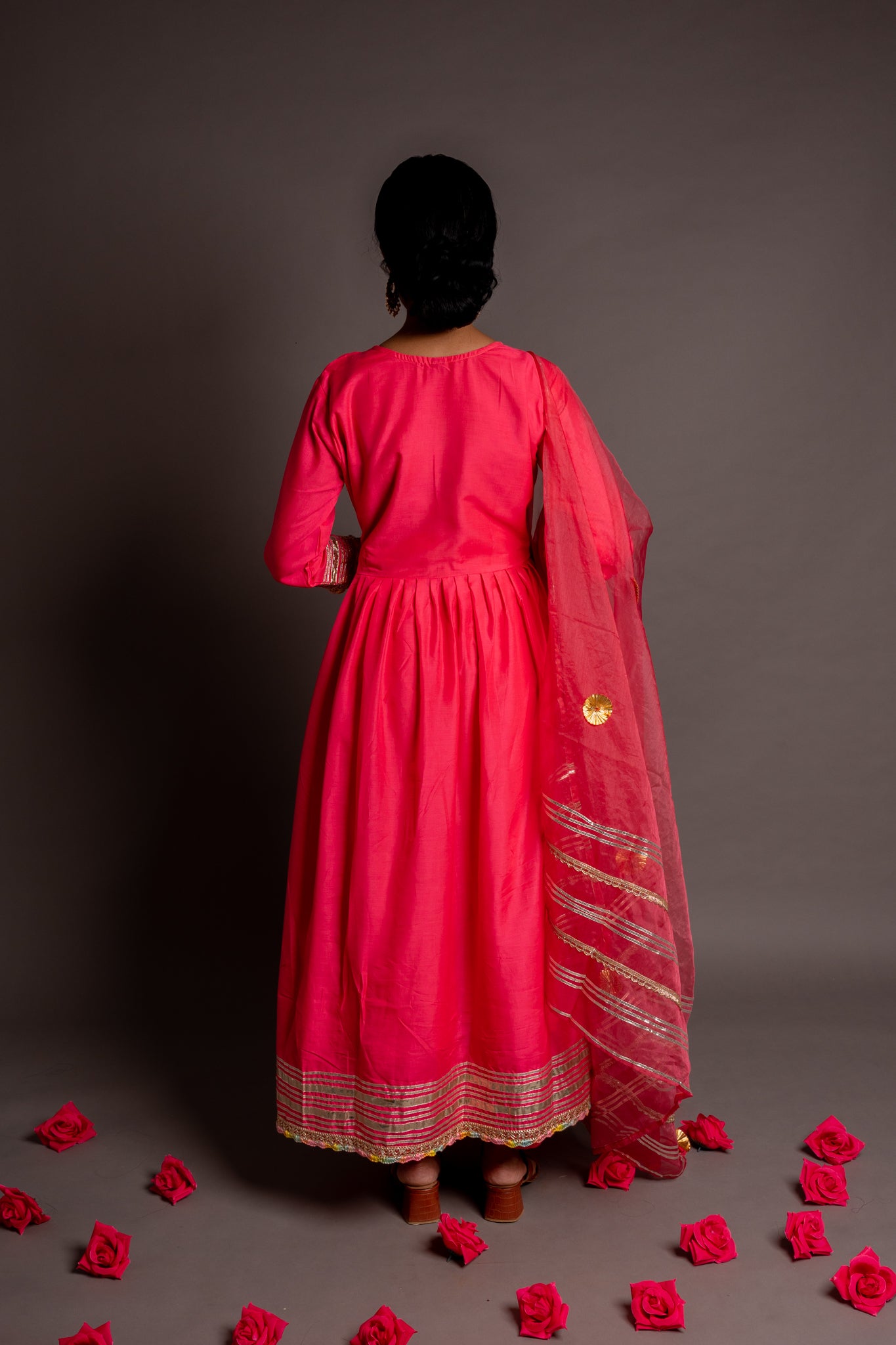 Rose Pink Gotta Patti Angrakha  Muslin Cotton Festive Suit