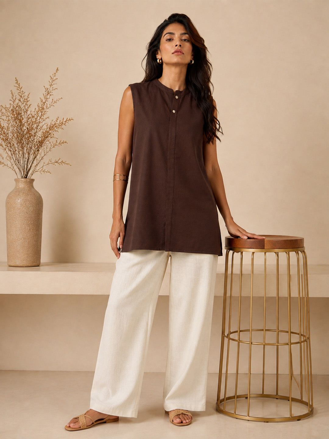 Linen Dark Brown Solid Short Kurta