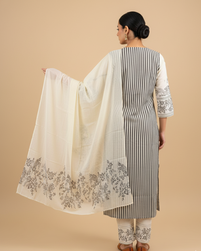 Stripe Printed Black & White Cotton Suit