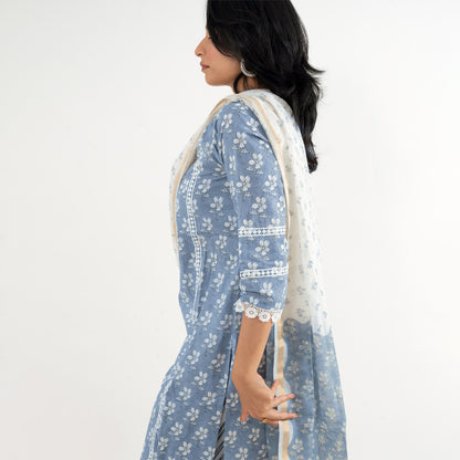 Floral Sky Blue with Lace Work Striped Pant Cotton Suit