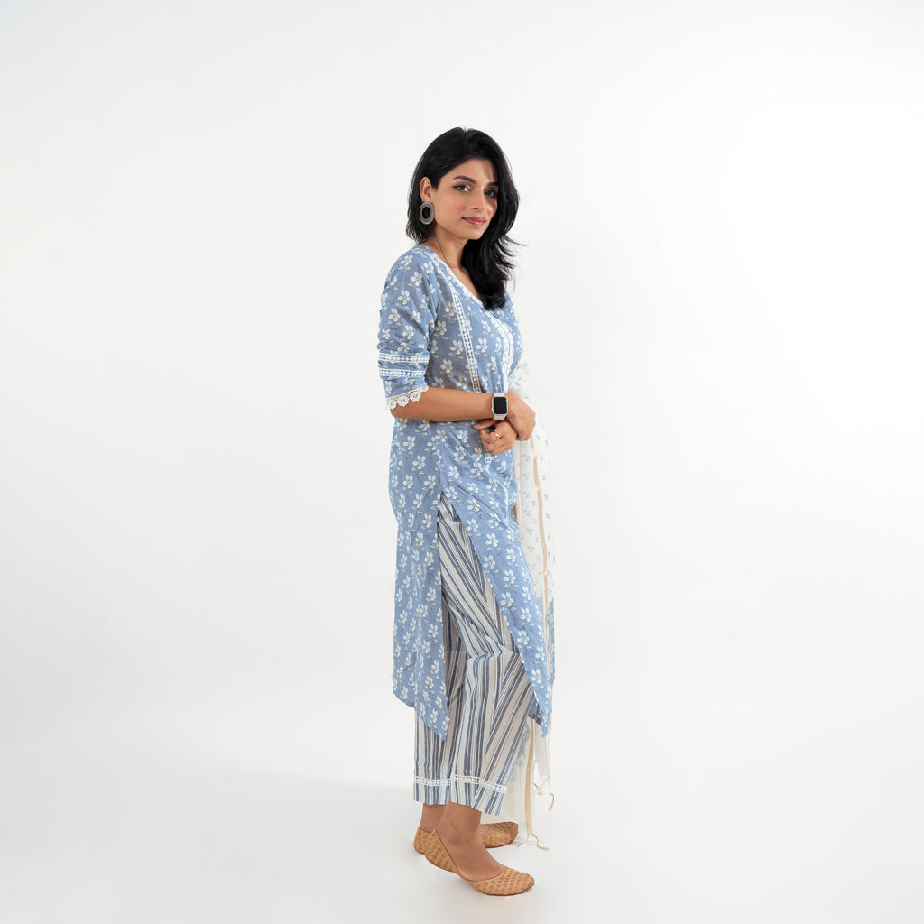 Floral Sky Blue with Lace Work Striped Pant Cotton Suit