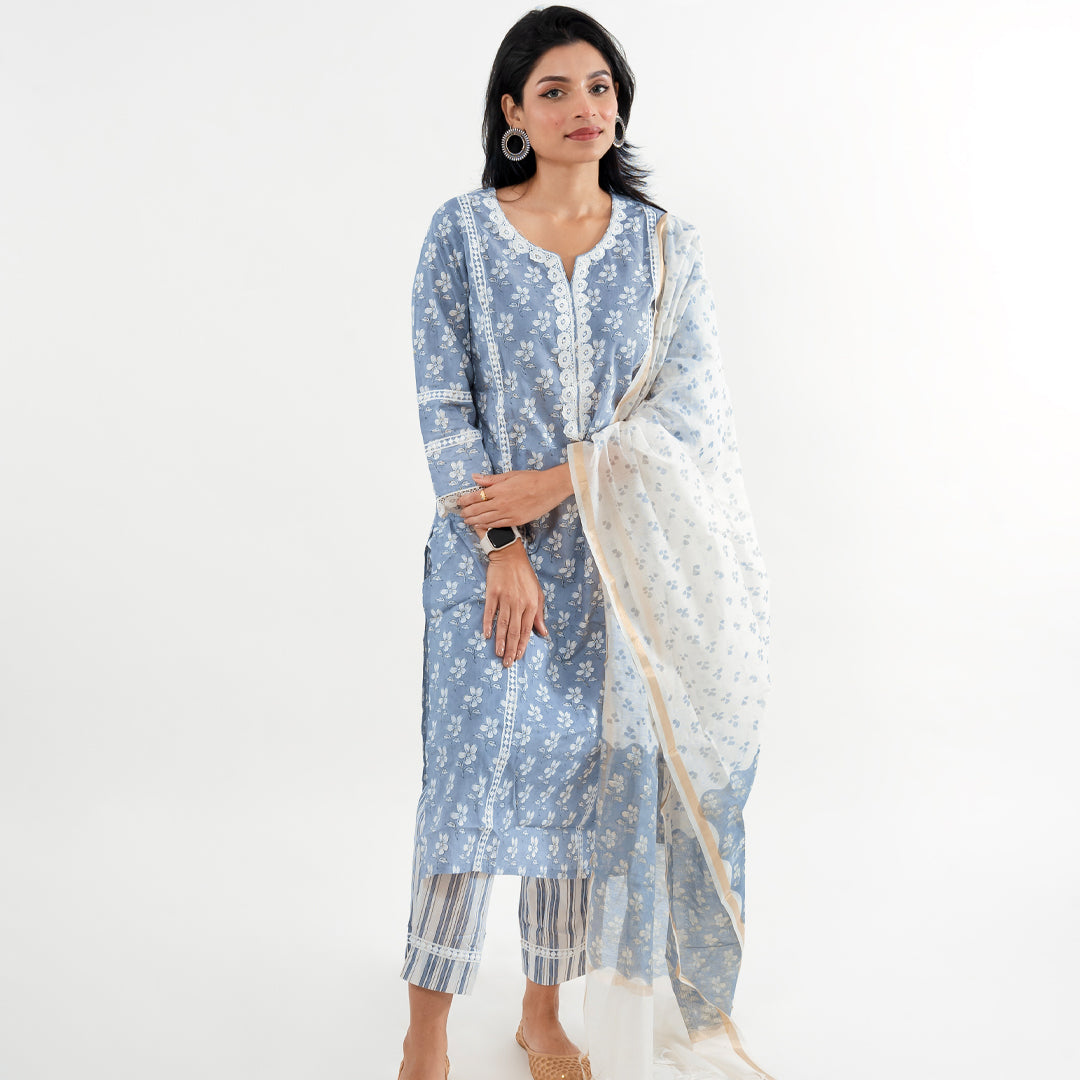 Floral Sky Blue with Lace Work Striped Pant Cotton Suit