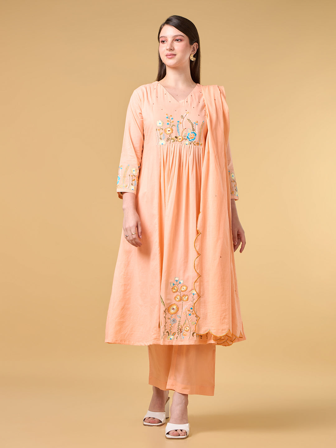 Peach Embroidered Cotton Suit