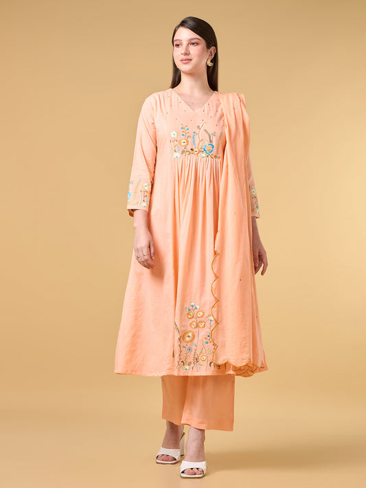 Peach Embroidered Cotton Suit