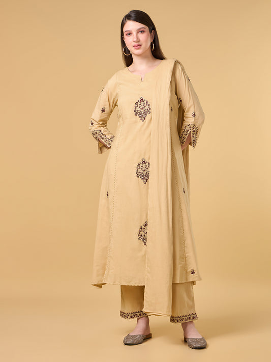 Beige Embroidered Cotton Suit