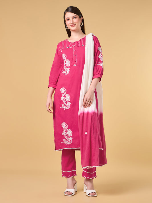 Bright Pink Embroidered Cotton Suit