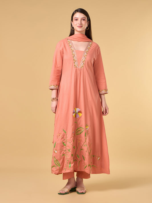 Orange Embroidered Cotton Suit
