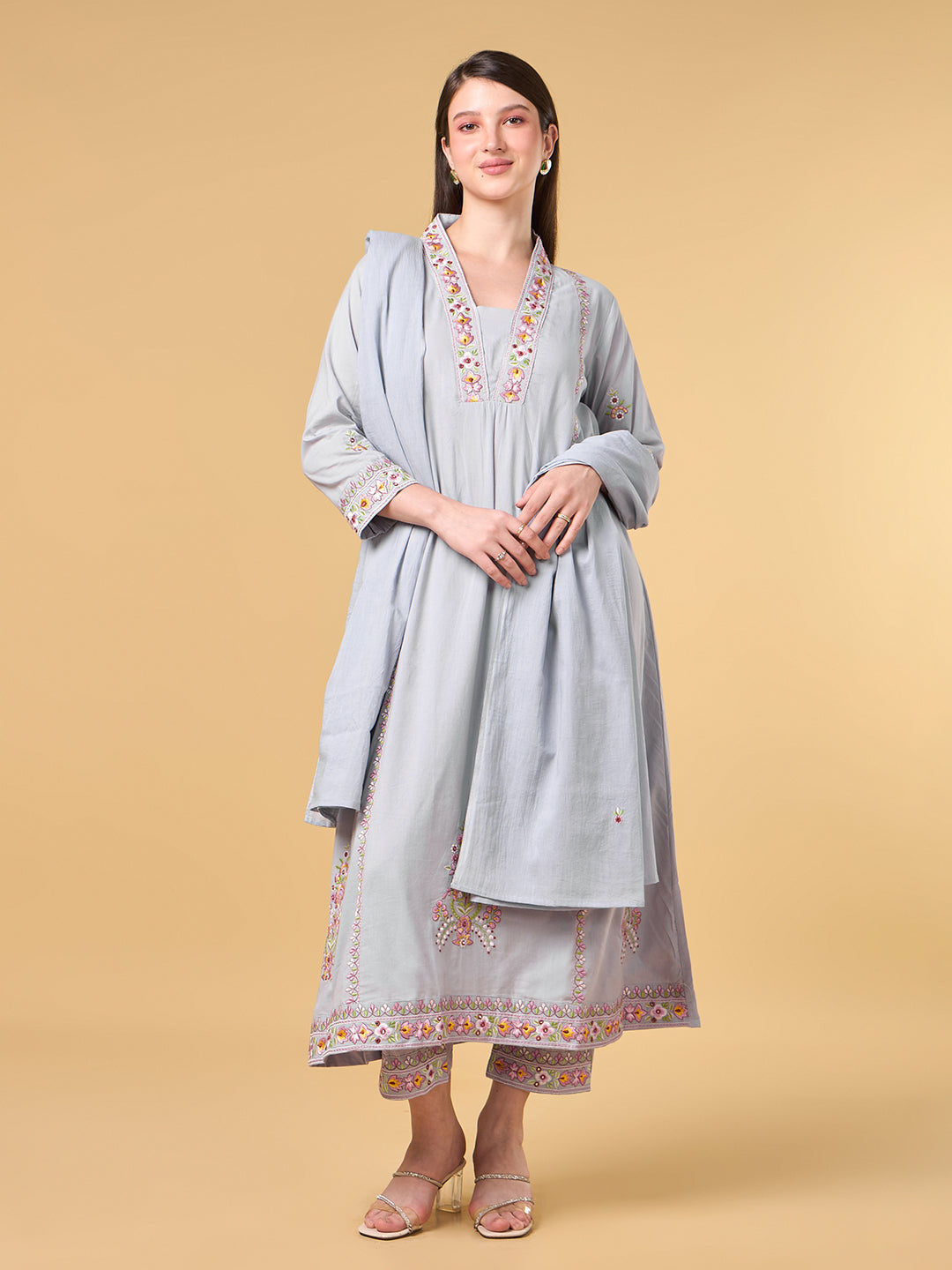 Grey Embroidered Cotton Suit