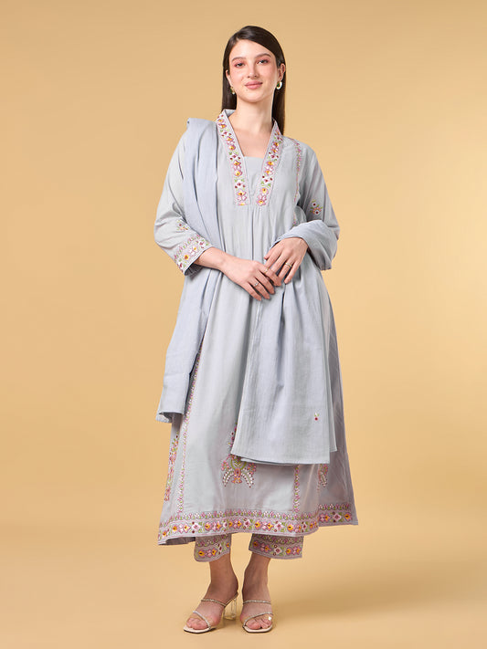 Grey Embroidered Cotton Suit