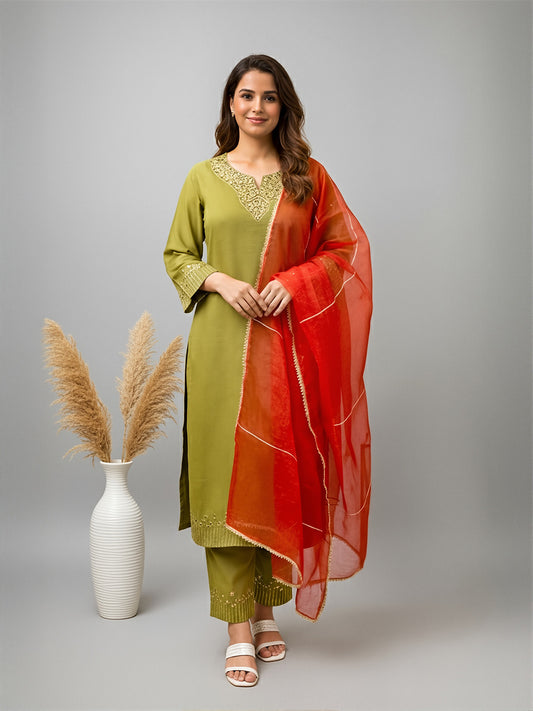 Saanjh Olive Green Mirror Work Cotton Suits