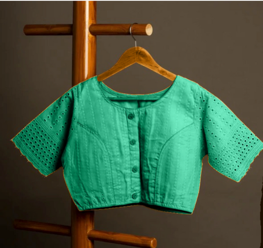 Sea Green Hakoba Round Neck Readymade Cotton Blouse