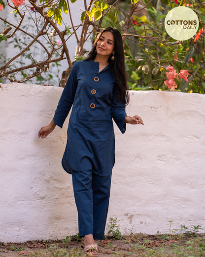 Navy Blue Solid Cotton Co-ord Set