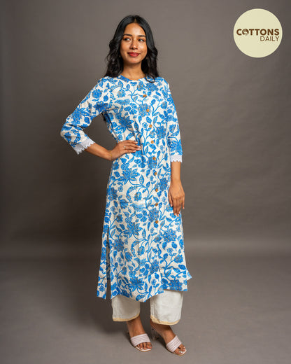 Blue Floral Patterned Kurta Set