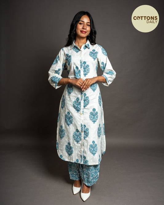 Blue White Floral Afghani Kurta Set