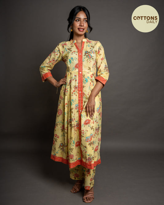 Lemon Yellow Floral Cotton Kurta Set