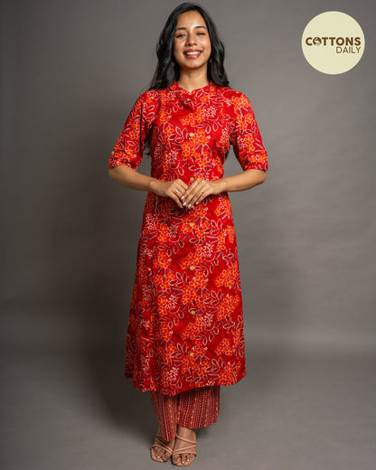 Red Floral  A-Line Cotton Kurta Set