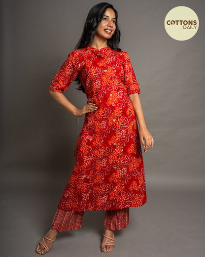 Red Floral  A-Line Cotton Kurta Set