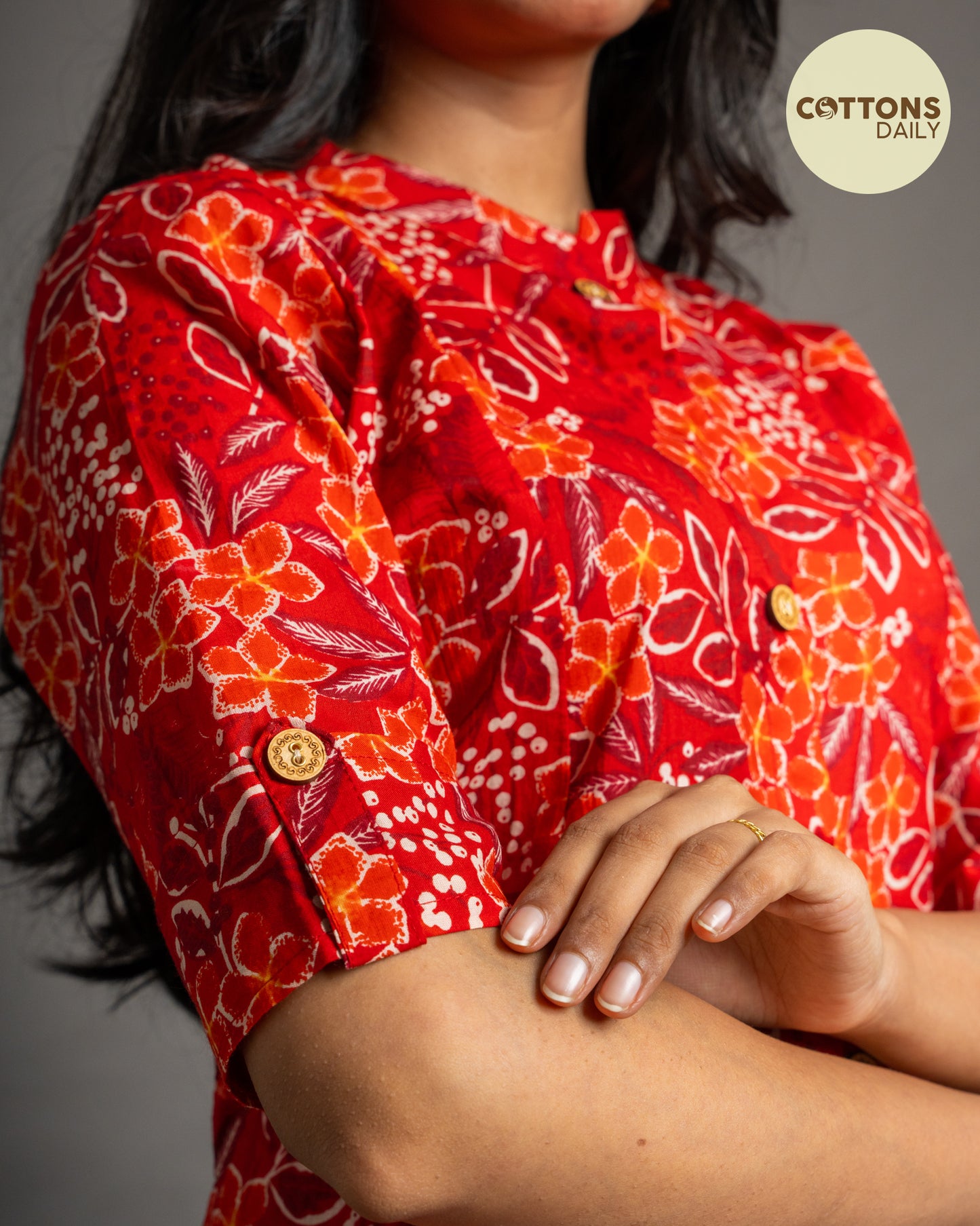 Red Floral  A-Line Cotton Kurta Set