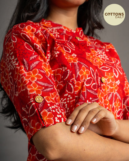 Red Floral  A-Line Cotton Kurta Set