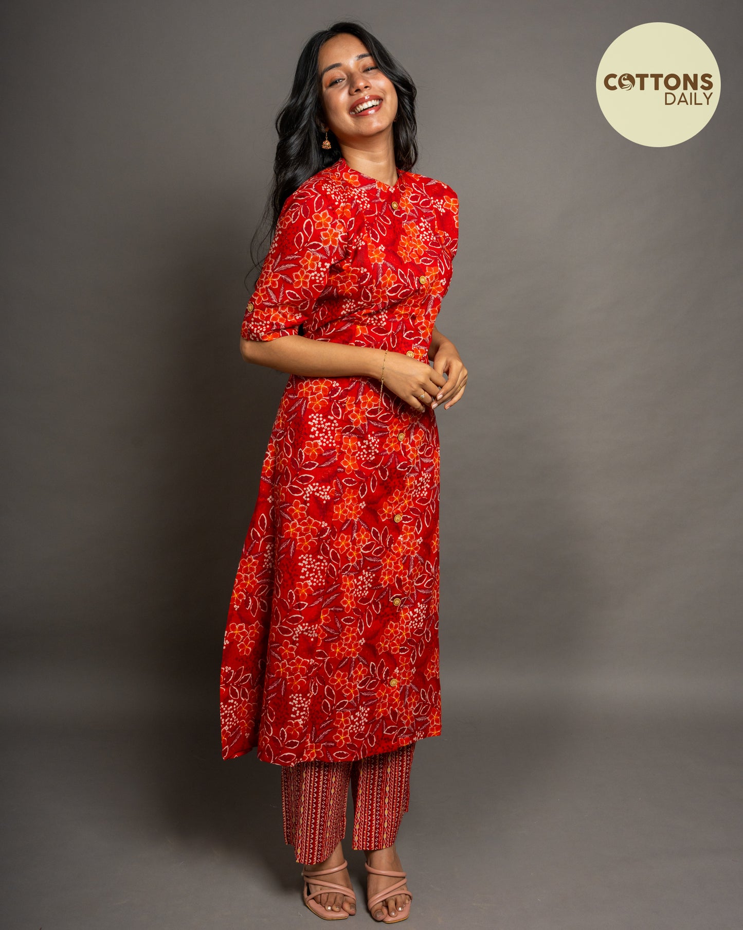 Red Floral  A-Line Cotton Kurta Set